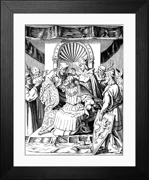 Framed Print : The abdication of Emperor Henry IV in Ingelheim (Illustration from the Geschichte des deutschen Volkes by E. Duller), 1840. Artist: Kirchhoff, Johann Jakob (1796-1848) Framed Print : The abdication of Emperor Henry IV in Ingelheim (Illustration from the Geschichte des deutschen Volkes by E. Duller), 1840. Artist: Kirchhoff, Johann Jakob (1796-1848)