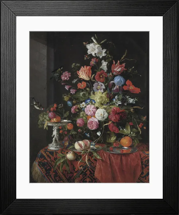 Framed Print : Flowers in a glass vase on a draped table, with a silver tazza, fruit, insects and birds. Artist: Heem, Jan Davidsz. de (1606-1684) Framed Print : Flowers in a glass vase on a draped table, with a silver tazza, fruit, insects and birds. Artist: Heem, Jan Davidsz. de (1606-1684)
