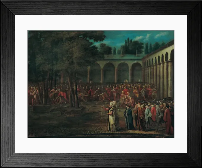Framed Print : The Ambassadorial Delegation Passing through the Second Courtyard of the Topkapı Palace, 1720s. Artist: Vanmour (Van Mour), Jean-Baptiste (1671-1737) Framed Print : The Ambassadorial Delegation Passing through the Second Courtyard of the Topkapı Palace, 1720s. Artist: Vanmour (Van Mour), Jean-Baptiste (1671-1737)