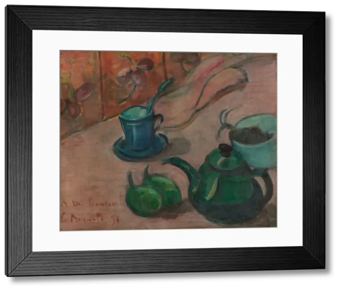 Framed Print : Still life with teapot, cup and fruit, 1890. Artist: Bernard, Emile (1868-1941)