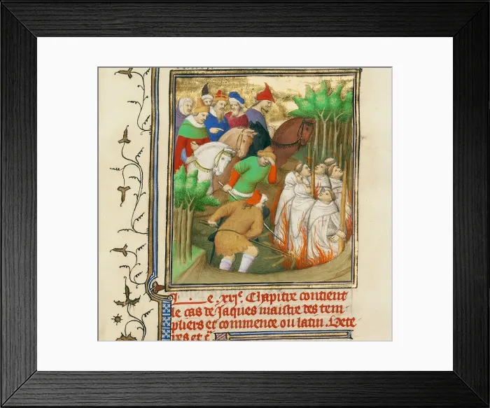 Framed Print : The Knights Templar Burned in the Presence of Philip the Fair and His Courtiers, ca 1413-1415. Artist: Boucicaut Master, (Master of the Hours for Marshal Boucicaut) (active 1405-1420) Framed Print : The Knights Templar Burned in the Presence of Philip the Fair and His Courtiers, ca 1413-1415. Artist: Boucicaut Master, (Master of the Hours for Marshal Boucicaut) (active 1405-1420)