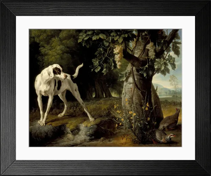 Framed Print : Landscape with a Dog and Partridges, 1719. Artist: Desportes, Alexandre Francois (1661-1743) Framed Print : Landscape with a Dog and Partridges, 1719. Artist: Desportes, Alexandre Francois (1661-1743)