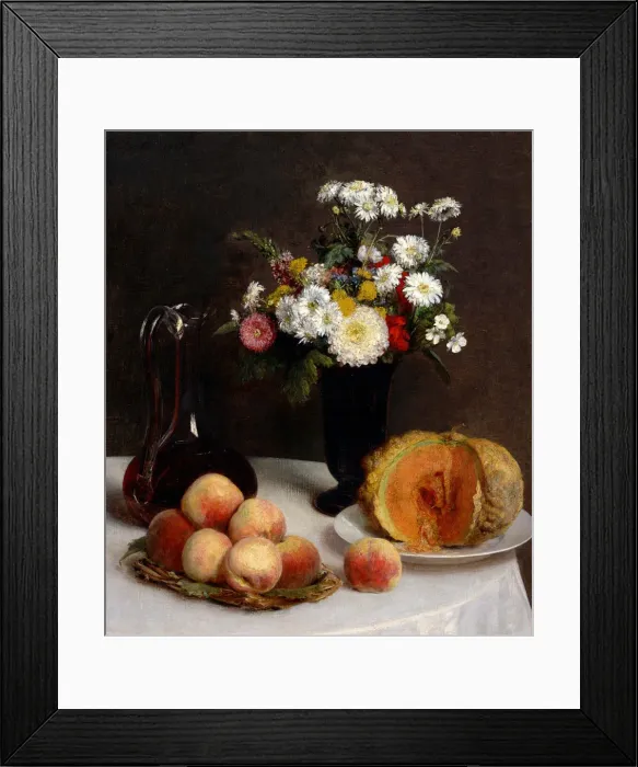 Framed Print : Still Life with Decanter, Flowers and Fruits, 1865. Artist: Fantin-Latour, Henri (1836-1904) Framed Print : Still Life with Decanter, Flowers and Fruits, 1865. Artist: Fantin-Latour, Henri (1836-1904)