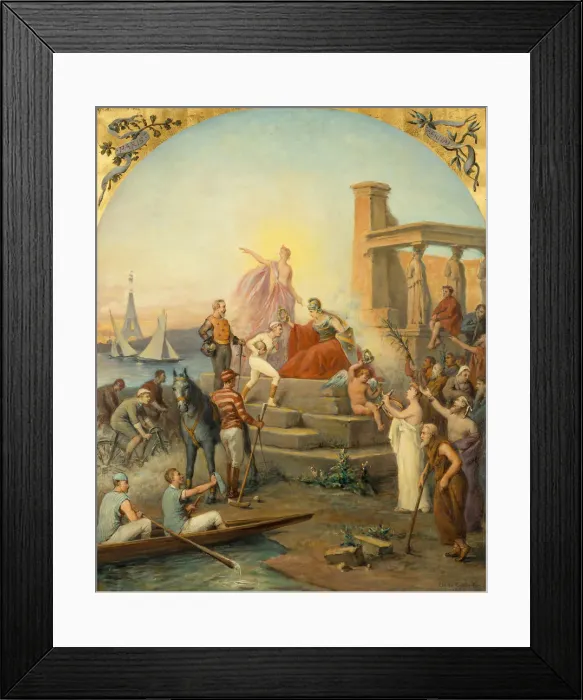 Framed Print : Allegory of Sports, 1896. Artist: Fredy, Baron de Coubertin, Charles Louis de (1822-1908) Framed Print : Allegory of Sports, 1896. Artist: Fredy, Baron de Coubertin, Charles Louis de (1822-1908)