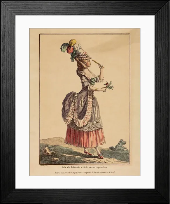 Framed Print : A Polonaise Dress with draped overskirt. (From Gallerie des Modes et Costumes Francais), 1778. Artist: Le Clerc, Pierre Thomas (1739-1796) Framed Print : A Polonaise Dress with draped overskirt. (From Gallerie des Modes et Costumes Francais), 1778. Artist: Le Clerc, Pierre Thomas (1739-1796)