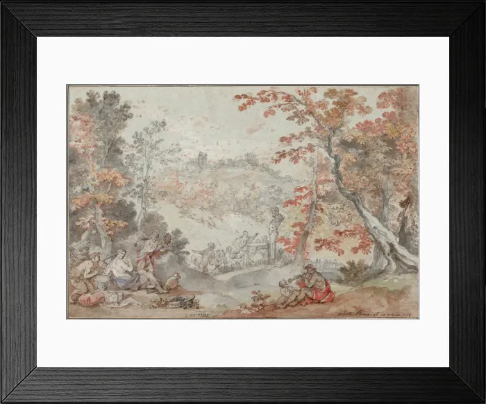 Framed Print : Italian Fall Landscape with Monte Porzio and an Offering to Pan, 1763. Artist: Natoire, Charles Joseph (1700-1777) Framed Print : Italian Fall Landscape with Monte Porzio and an Offering to Pan, 1763. Artist: Natoire, Charles Joseph (1700-1777)
