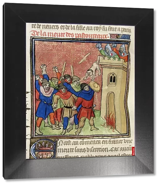 Detail of a miniature of the Third Crusade of Pastoureaux. Jews throwing their children from a tower, after 1380. Artist: Virgil Master (active 1380-1420)