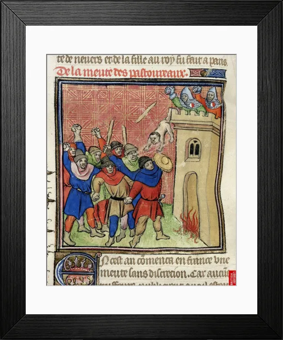 Framed Print : Detail of a miniature of the Third Crusade of Pastoureaux. Jews throwing their children from a tower, after 1380. Artist: Virgil Master (active 1380-1420) Framed Print : Detail of a miniature of the Third Crusade of Pastoureaux. Jews throwing their children from a tower, after 1380. Artist: Virgil Master (active 1380-1420)