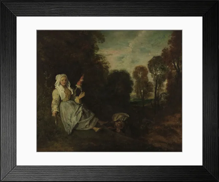 Framed Print : Evening Landscape with Spinner, ca 1715. Artist: Watteau, Jean Antoine (1684-1721) Framed Print : Evening Landscape with Spinner, ca 1715. Artist: Watteau, Jean Antoine (1684-1721)