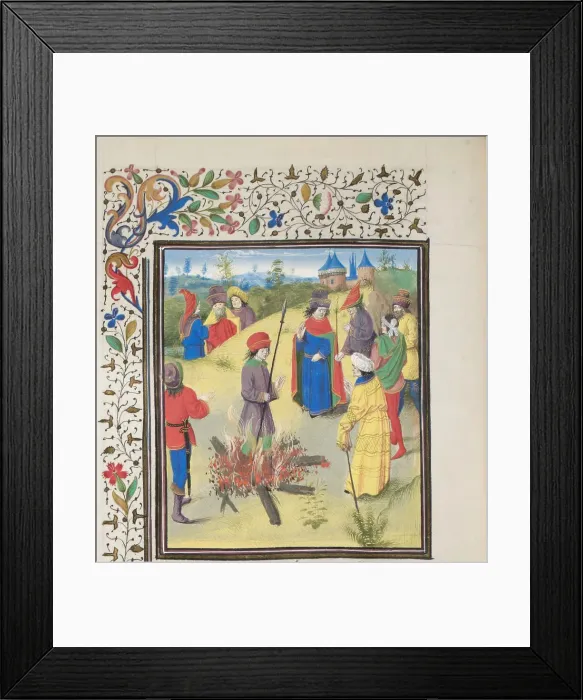 Framed Print : Peter Bartholomew Undergoing the Ordeal by Fire. Miniature from the Historia by William of Tyre, 1460s. Artist: Anonymous Framed Print : Peter Bartholomew Undergoing the Ordeal by Fire. Miniature from the Historia by William of Tyre, 1460s. Artist: Anonymous