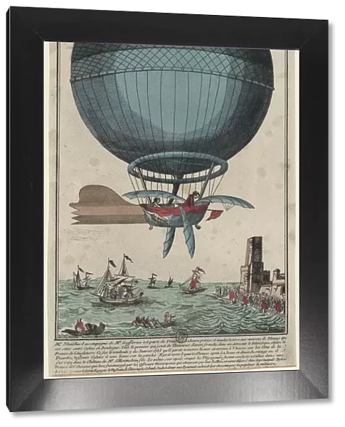 Jean Pierre Blanchard and John Jefferies arriving in Calais after crossing the English Channel in a hot air balloon, 1785. Artist: Anonymous