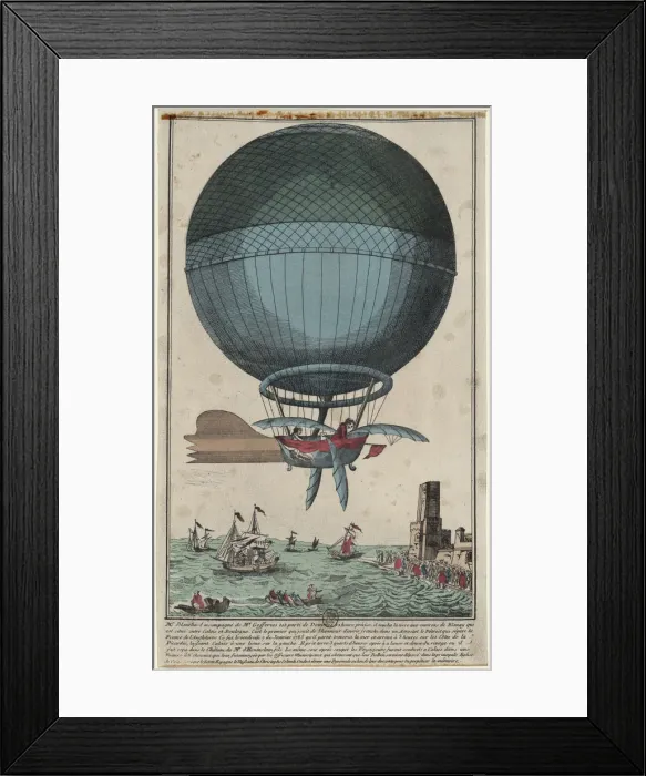 Framed Print : Jean Pierre Blanchard and John Jefferies arriving in Calais after crossing the English Channel in a hot air balloon, 1785. Artist: Anonymous Framed Print : Jean Pierre Blanchard and John Jefferies arriving in Calais after crossing the English Channel in a hot air balloon, 1785. Artist: Anonymous