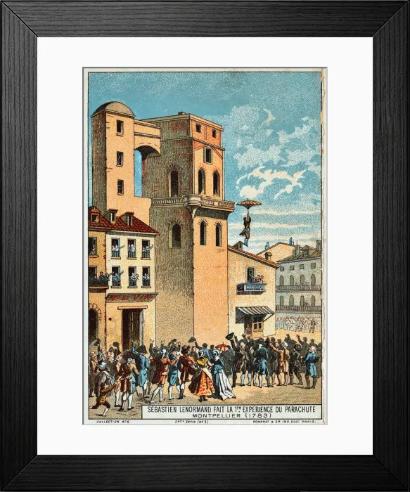 Framed Print : Lenormand jumps from the tower of the Montpellier observatory, 1783, 19th century. Artist: Anonymous Framed Print : Lenormand jumps from the tower of the Montpellier observatory, 1783, 19th century. Artist: Anonymous