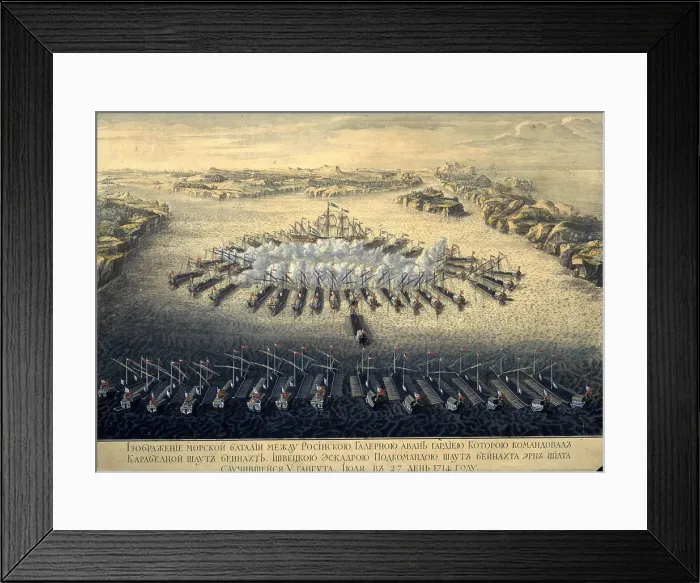 Framed Print : The naval Battle of Gangut on July 27, 1714, 1724. Artist: Baquoi, Maurice (active 1720s) Framed Print : The naval Battle of Gangut on July 27, 1714, 1724. Artist: Baquoi, Maurice (active 1720s)