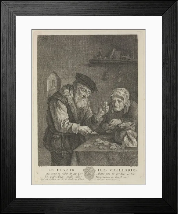 Framed Print : Pleasures of Old Age (after the painting by David Teniers the Younger), Mid of the 18th cen Artist: Basan, Pierre-Francois (1723-1797) Framed Print : Pleasures of Old Age (after the painting by David Teniers the Younger), Mid of the 18th cen Artist: Basan, Pierre-Francois (1723-1797)
