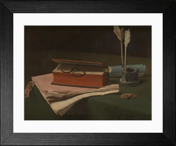 Framed Print : Still Life with Book, Papers and Inkwell, 1876. Artist: Bonvin, Francois (1817-1887) Framed Print : Still Life with Book, Papers and Inkwell, 1876. Artist: Bonvin, Francois (1817-1887)