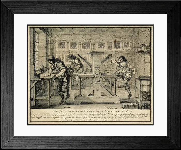 Framed Print : Workshop of an Engraver, 1642. Artist: Bosse, Abraham (1602-1676) Framed Print : Workshop of an Engraver, 1642. Artist: Bosse, Abraham (1602-1676)