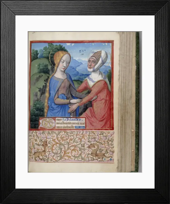 Framed Print : The Visitation (Book of Hours), 1485-1499. Artist: Bourdichon, Jean (1457-1521) Framed Print : The Visitation (Book of Hours), 1485-1499. Artist: Bourdichon, Jean (1457-1521)