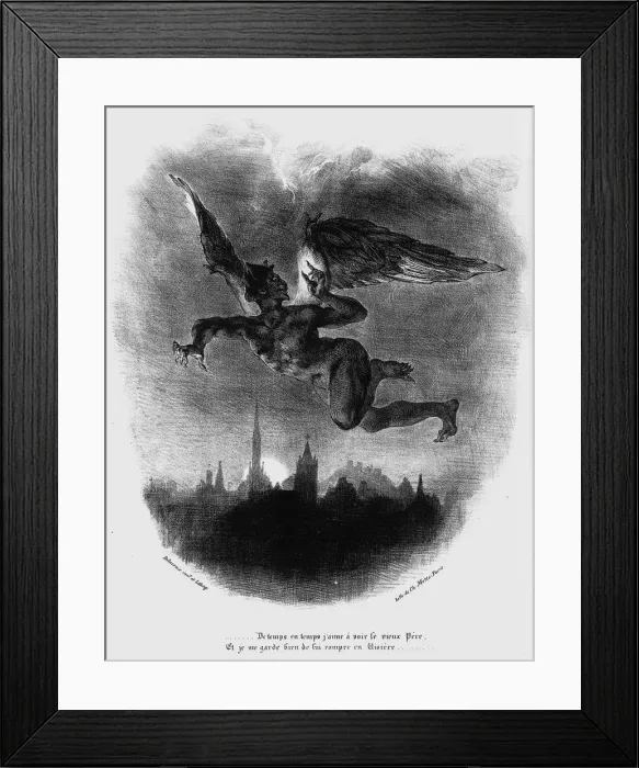 Framed Print : Mephistopheles Prologue in The Sky. Illustration to Goethes Faust, 1828. Artist: Delacroix, Eugene (1798-1863) Framed Print : Mephistopheles Prologue in The Sky. Illustration to Goethes Faust, 1828. Artist: Delacroix, Eugene (1798-1863)