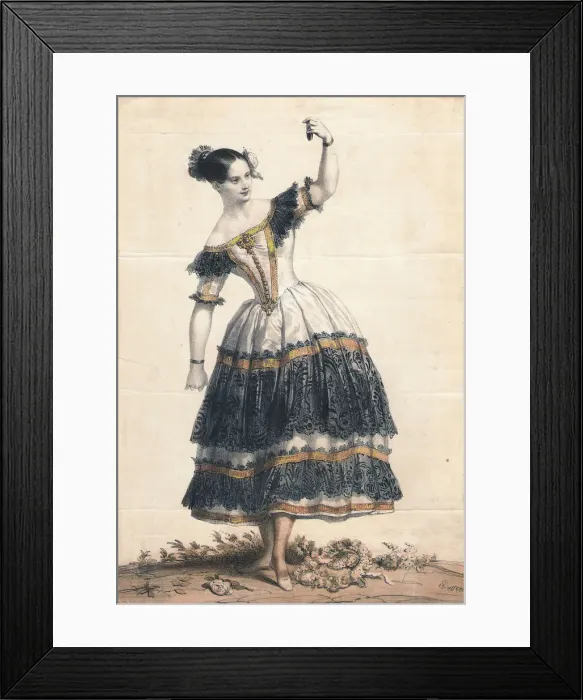 Framed Print : Fanny Elssler as Florinda in the dance La Cachucha (ballet Le Diable boiteux), 1836. Artist: Deveria, Achille (1800-1857) Framed Print : Fanny Elssler as Florinda in the dance La Cachucha (ballet Le Diable boiteux), 1836. Artist: Deveria, Achille (1800-1857)