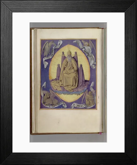 Framed Print : God the Father with symbols of the four Evangelists in the corners. (Book of Hours), 1450-1499. Artist: Fouquet, Jean (workshop) Framed Print : God the Father with symbols of the four Evangelists in the corners. (Book of Hours), 1450-1499. Artist: Fouquet, Jean (workshop)