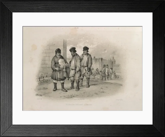 Framed Print : Builders drinking Sbiten (From: The Construction of the Saint Isaacs Cathedral), 1845. Artist: Montferrand, Auguste, de (1786-1858) Framed Print : Builders drinking Sbiten (From: The Construction of the Saint Isaacs Cathedral), 1845. Artist: Montferrand, Auguste, de (1786-1858)