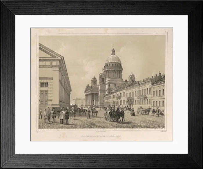 Framed Print : Saint Isaacs Cathedral As Seen From the Cavalry Manege (From: The Construction of the Saint Isaacs Cathedral), 1845. Artist: Montferrand, Auguste, de (1786-1858) Framed Print : Saint Isaacs Cathedral As Seen From the Cavalry Manege (From: The Construction of the Saint Isaacs Cathedral), 1845. Artist: Montferrand, Auguste, de (1786-1858)