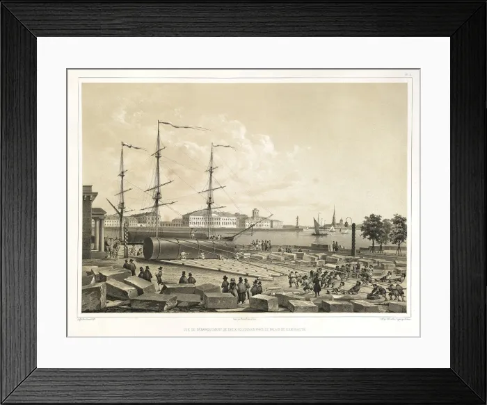 Framed Print : Unloading two column at the Admiralty (From: The Construction of the Saint Isaacs Cathedral), 1845. Artist: Montferrand, Auguste, de (1786-1858) Framed Print : Unloading two column at the Admiralty (From: The Construction of the Saint Isaacs Cathedral), 1845. Artist: Montferrand, Auguste, de (1786-1858)