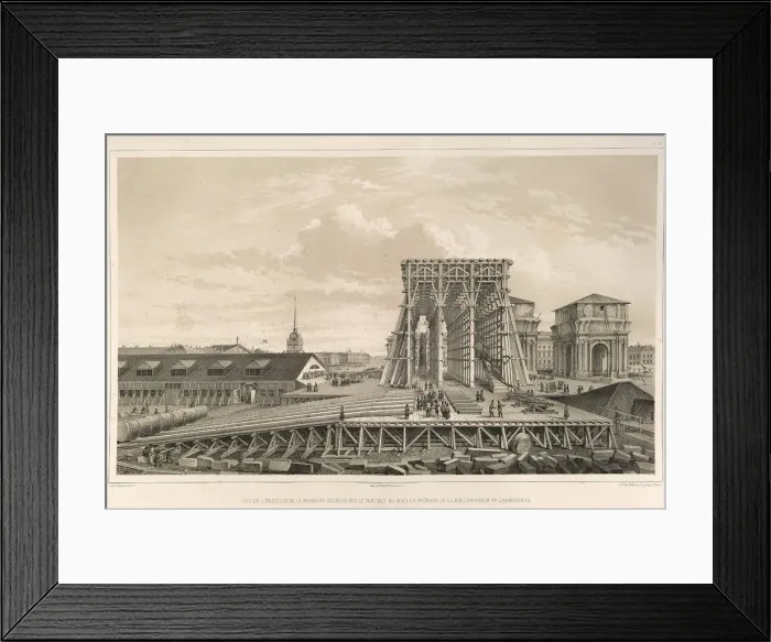Framed Print : The first column on the construction (From: The Construction of the Saint Isaacs Cathedral), 1845. Artist: Montferrand, Auguste, de (1786-1858) Framed Print : The first column on the construction (From: The Construction of the Saint Isaacs Cathedral), 1845. Artist: Montferrand, Auguste, de (1786-1858)