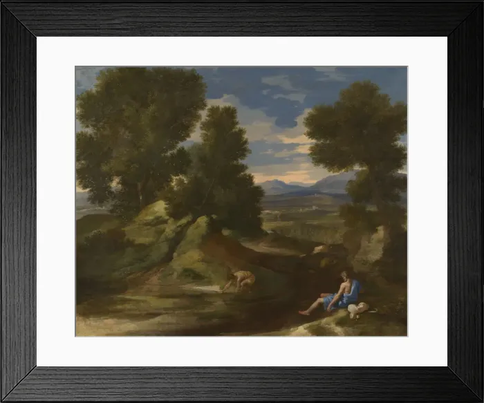 Framed Print : Landscape with a Man scooping Water from a Stream, ca 1637. Artist: Poussin, Nicolas (1594-1665) Framed Print : Landscape with a Man scooping Water from a Stream, ca 1637. Artist: Poussin, Nicolas (1594-1665)