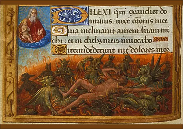 Book of Hours, Detail: Dives tormented by demons and watched by the soul of Lazarus, c. 1500. Artist: Poyet, Jean (active 1483-1497)