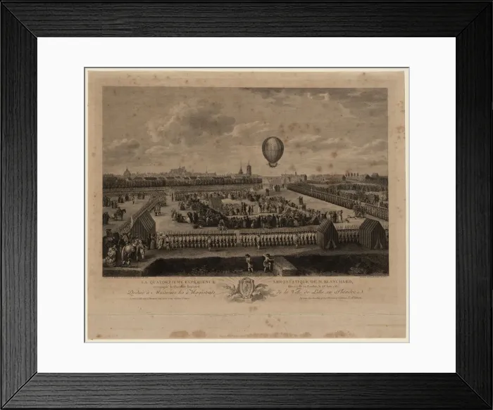 Framed Print : The balloon of Jean-Pierre Blanchard ascending from Lille on August 26, 1785, 1785. Artist: Watteau, Louis (1731-1798) Framed Print : The balloon of Jean-Pierre Blanchard ascending from Lille on August 26, 1785, 1785. Artist: Watteau, Louis (1731-1798)