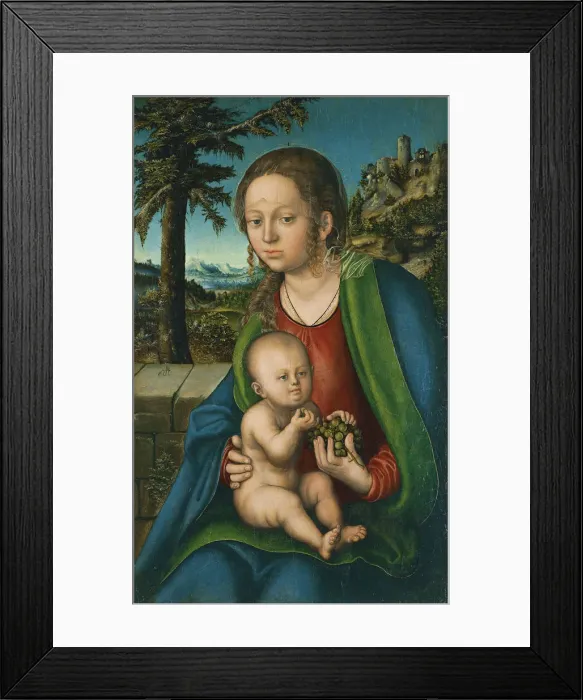 Framed Print : The Virgin with Child with a Bunch Grapes, ca 1509-1510. Artist: Cranach, Lucas, the Elder (1472-1553) Framed Print : The Virgin with Child with a Bunch Grapes, ca 1509-1510. Artist: Cranach, Lucas, the Elder (1472-1553)
