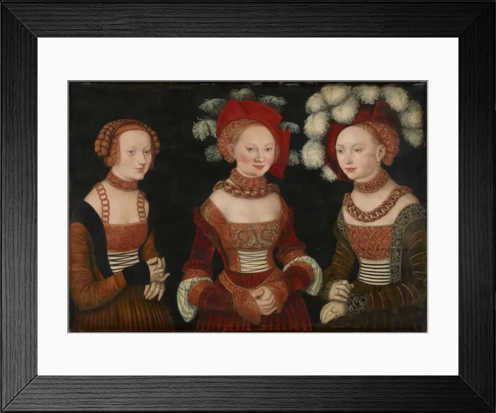 Framed Print : Princesses Sibylle (1515-1592), Emilie (1516-1591) and Sidonie (1518-1575) of Saxony, c. 1535. Artist: Cranach, Lucas, the Elder (1472-1553) Framed Print : Princesses Sibylle (1515-1592), Emilie (1516-1591) and Sidonie (1518-1575) of Saxony, c. 1535. Artist: Cranach, Lucas, the Elder (1472-1553)