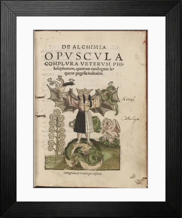 Framed Print : De Alchimia opvscvla complvra vetervm philosophorum, 1550. Artist: Jacob, Cyriacus (active 1543-1550) Framed Print : De Alchimia opvscvla complvra vetervm philosophorum, 1550. Artist: Jacob, Cyriacus (active 1543-1550)