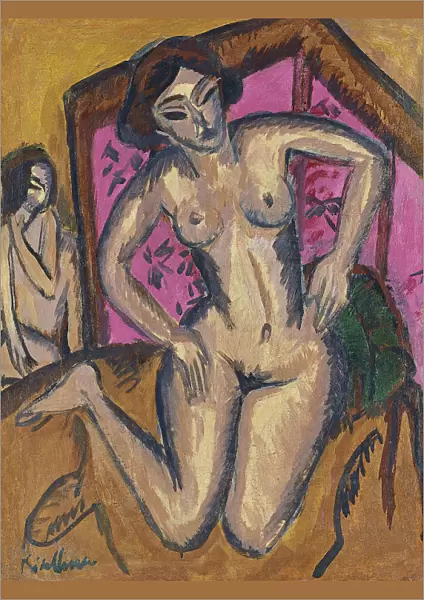 Kneeling Nude in front of Red Screen, ca 1911-1912. Artist: Kirchner, Ernst Ludwig (1880-1938)