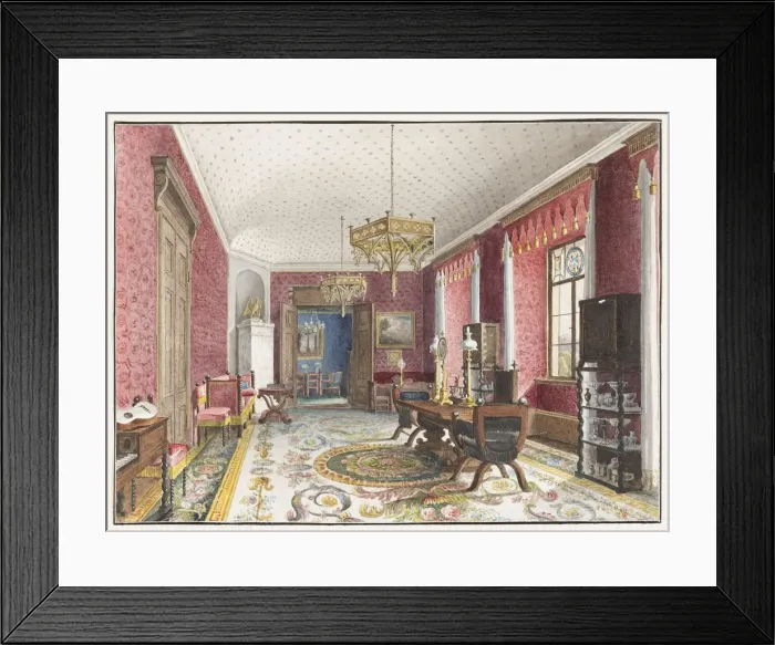 Framed Print : The Red Room, Schloss Fischbach, c. 1846. Artist: Klose, Friedrich Wilhelm (1804-1863) Framed Print : The Red Room, Schloss Fischbach, c. 1846. Artist: Klose, Friedrich Wilhelm (1804-1863)