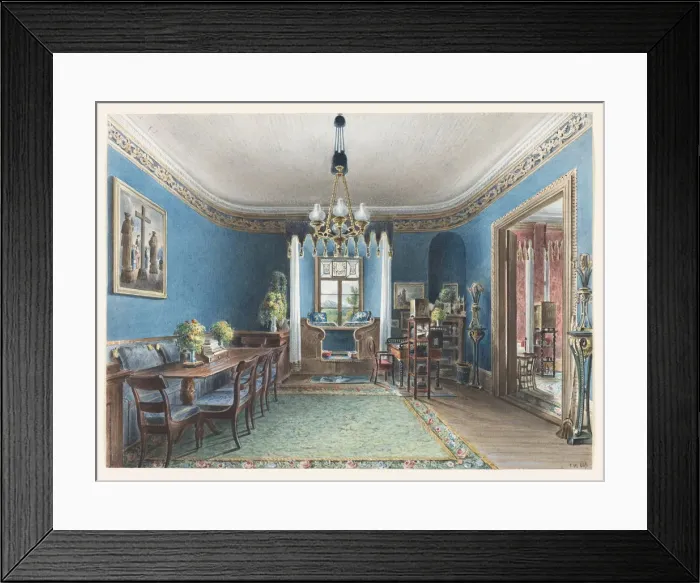 Framed Print : The Blue Room, Schloss Fischbach, 1846. Artist: Klose, Friedrich Wilhelm (1804-1863) Framed Print : The Blue Room, Schloss Fischbach, 1846. Artist: Klose, Friedrich Wilhelm (1804-1863)