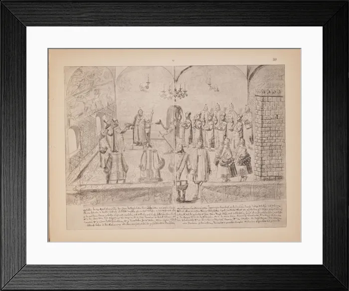 Framed Print : A scene at the royal court of Tsar Alexis Mikhailovich (Illustration from the Meierbergs Album), 1662. Artist: Meierberg, Augustin, von (1612?1688) Framed Print : A scene at the royal court of Tsar Alexis Mikhailovich (Illustration from the Meierbergs Album), 1662. Artist: Meierberg, Augustin, von (1612?1688)