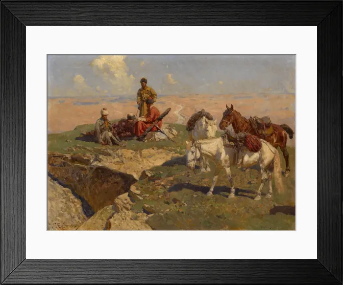 Framed Print : Caucasian Riders at Rest, 1917. Artist: Roubaud, Franz (1856-1928) Framed Print : Caucasian Riders at Rest, 1917. Artist: Roubaud, Franz (1856-1928)