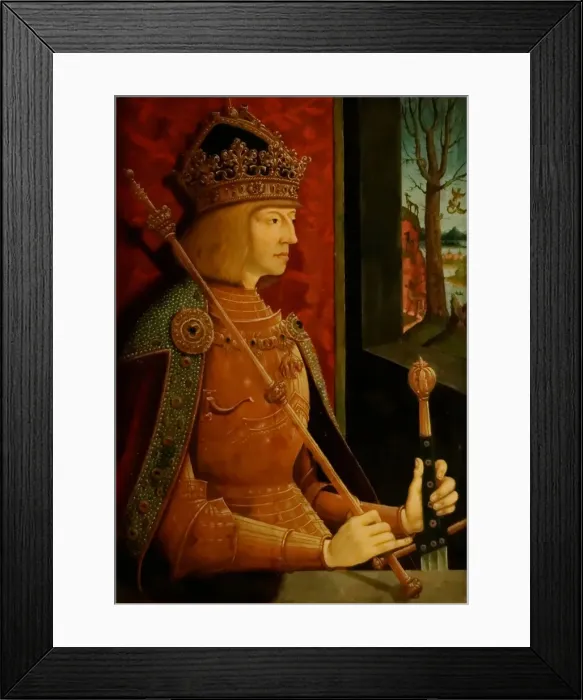 Framed Print : Emperor Maximilian I (1459-1519), with crown, sceptre, and sword, c. 1500. Artist: Strigel, Bernhard (ca 1460-1528) Framed Print : Emperor Maximilian I (1459-1519), with crown, sceptre, and sword, c. 1500. Artist: Strigel, Bernhard (ca 1460-1528)