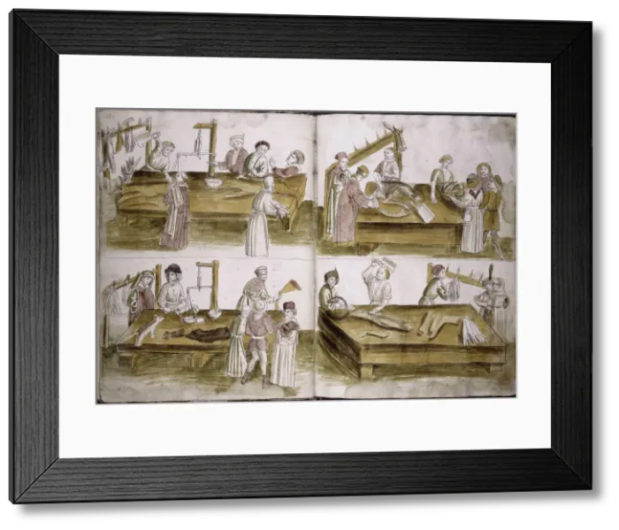 Framed Print : Scene from market life with butchers (from: Ulrich Richental Chronicle of the Council of Constance), 1414-1418. Artist: Anonymous Framed Print : Scene from market life with butchers (from: Ulrich Richental Chronicle of the Council of Constance), 1414-1418. Artist: Anonymous