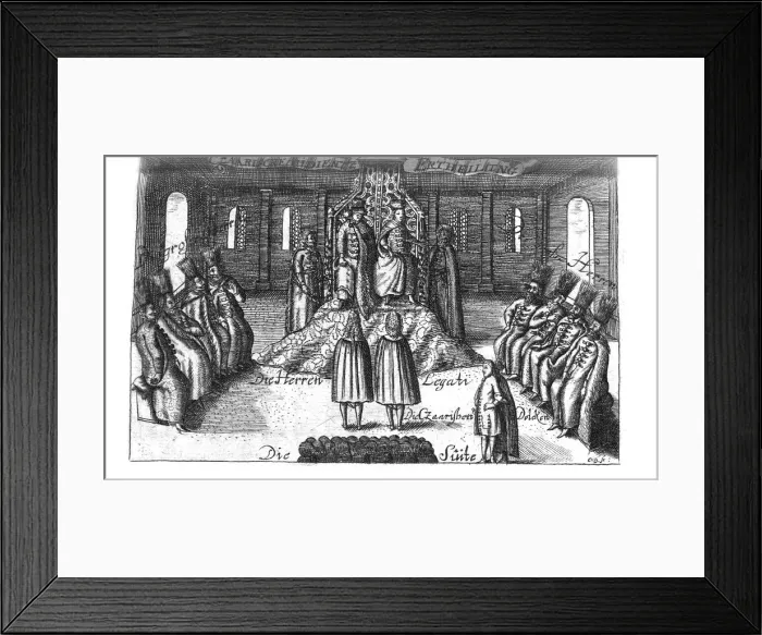 Framed Print : Audience with Ivan V, Peter I and Sophia Alekseyevna (from Georg Adam Schleissing Derer beyden Czaaren in Reussland... ), 1693. Artist: Anonymous Framed Print : Audience with Ivan V, Peter I and Sophia Alekseyevna (from Georg Adam Schleissing Derer beyden Czaaren in Reussland... ), 1693. Artist: Anonymous