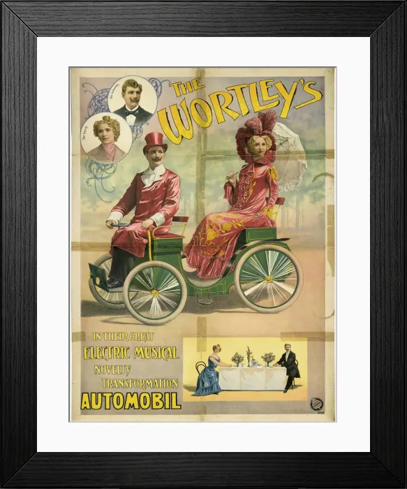 Framed Print : The Wortleys in their great electric musical novelty transformation Automobil, 1896. Artist: Friedlander, Adolph (1851-1904) Framed Print : The Wortleys in their great electric musical novelty transformation Automobil, 1896. Artist: Friedlander, Adolph (1851-1904)