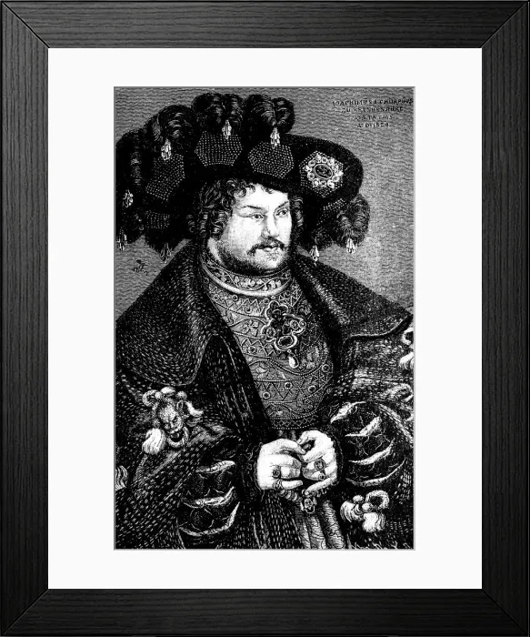Framed Print : Portrait of Joachim I Nestor (1484-1535), Elector of Brandenburg (Copy after Lucas Cranach t. E), 15th century. Artist: German master Framed Print : Portrait of Joachim I Nestor (1484-1535), Elector of Brandenburg (Copy after Lucas Cranach t. E), 15th century. Artist: German master