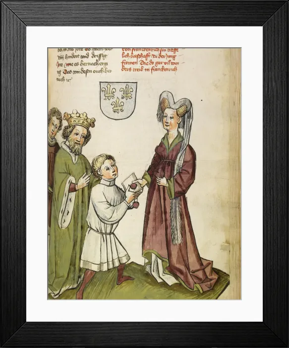 Framed Print : Emperor Sigismund before Joan of Arc (From: The life and times of the Emperor Sigismund by Eberhard Windeck), c. 1450. Artist: Lauber, Diebold, (Workshop) Framed Print : Emperor Sigismund before Joan of Arc (From: The life and times of the Emperor Sigismund by Eberhard Windeck), c. 1450. Artist: Lauber, Diebold, (Workshop)