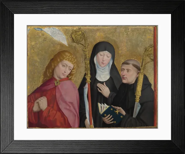 Framed Print : Saints John the Evangelist, Scholastica and Benedict (The Liesborn Altarpiece), ca. 1470-1480. Artist: Master of Liesborn (15th century) Framed Print : Saints John the Evangelist, Scholastica and Benedict (The Liesborn Altarpiece), ca. 1470-1480. Artist: Master of Liesborn (15th century)