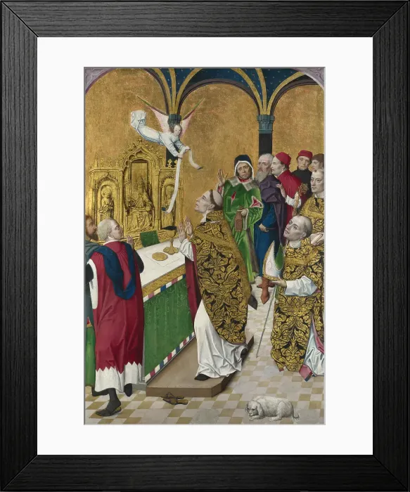 Framed Print : The Mass of Saint Hubert. Shutter from the Werden Altarpiece, ca 1485. Artist: Master of the Life of the Virgin, (Workshop) (active 1463-1490) Framed Print : The Mass of Saint Hubert. Shutter from the Werden Altarpiece, ca 1485. Artist: Master of the Life of the Virgin, (Workshop) (active 1463-1490)