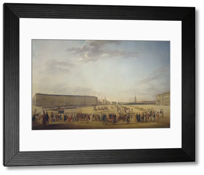 Framed Print : Changing of the Guard at the Palace Square in Saint Petersburg, c. 1800. Artist: Mayr, Johann Georg, von (1760-1816) Framed Print : Changing of the Guard at the Palace Square in Saint Petersburg, c. 1800. Artist: Mayr, Johann Georg, von (1760-1816)