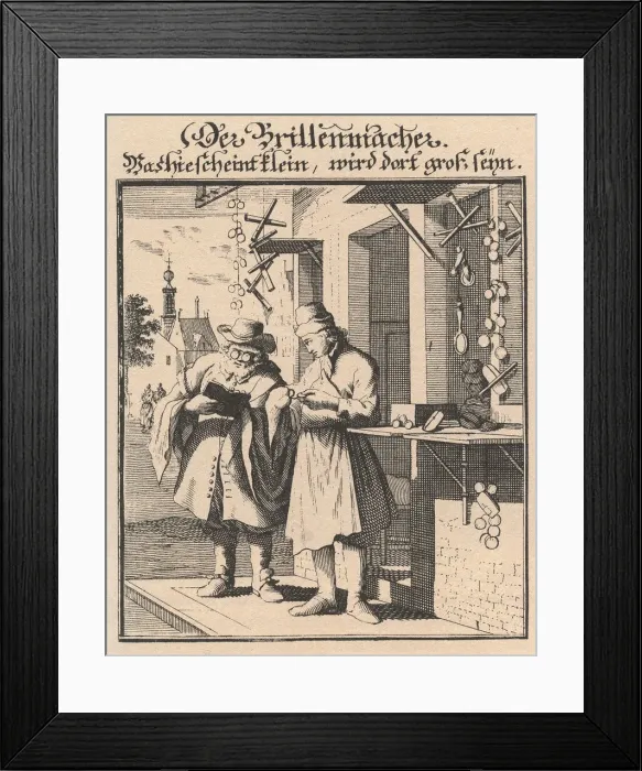 Framed Print : Spectacle Maker (From Abbildung der gemein-nutzlichen Haupt-Stande), 1698. Artist: Weigel, Christoph, the Elder (1654-1725) Framed Print : Spectacle Maker (From Abbildung der gemein-nutzlichen Haupt-Stande), 1698. Artist: Weigel, Christoph, the Elder (1654-1725)